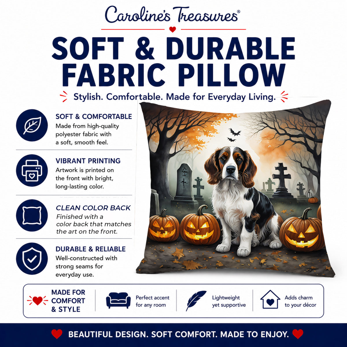 Caroline's Treasures DAC2057PW1818 Welsh Springer Spaniel Spooky Halloween Fabric Decorative Pillow Machine Washable, Indoor Outdoor Decorative Pillow for Couch, Bed or Patio, 18Hx18W