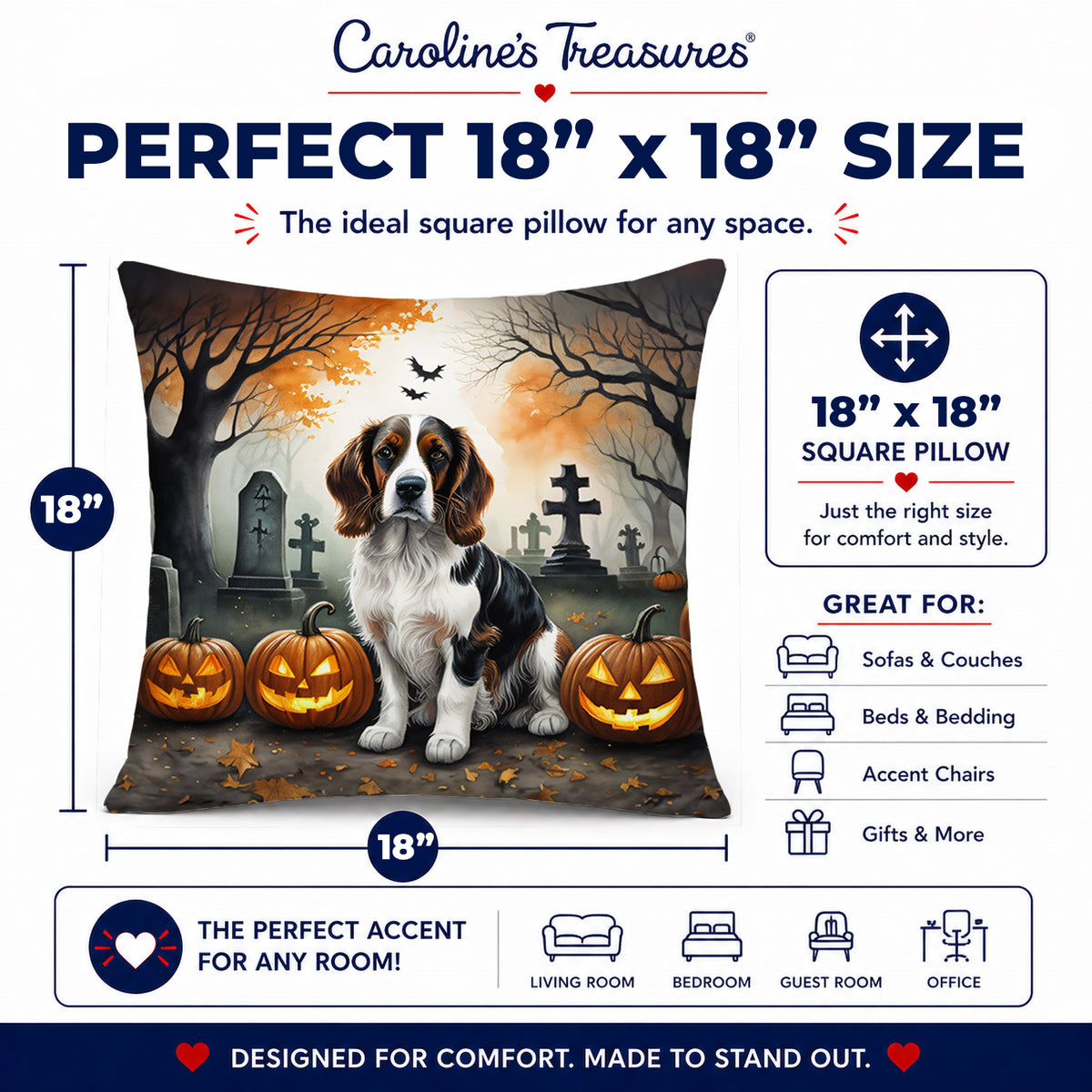 Caroline's Treasures DAC2057PW1818 Welsh Springer Spaniel Spooky Halloween Fabric Decorative Pillow Machine Washable, Indoor Outdoor Decorative Pillow for Couch, Bed or Patio, 18Hx18W