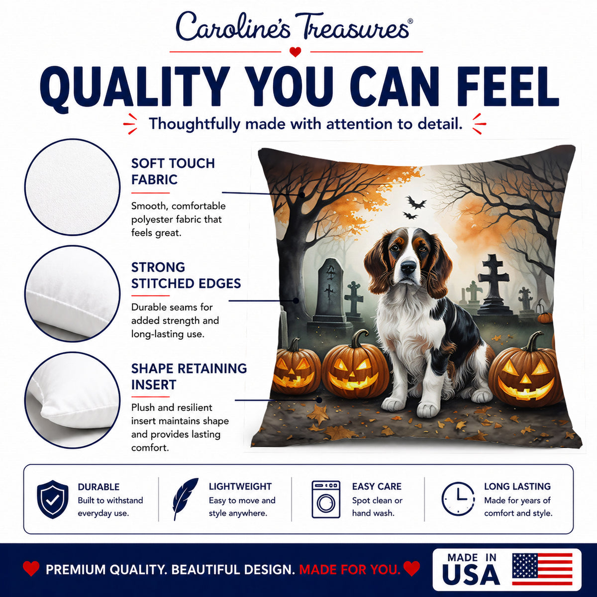 Caroline's Treasures DAC2057PW1818 Welsh Springer Spaniel Spooky Halloween Fabric Decorative Pillow Machine Washable, Indoor Outdoor Decorative Pillow for Couch, Bed or Patio, 18Hx18W