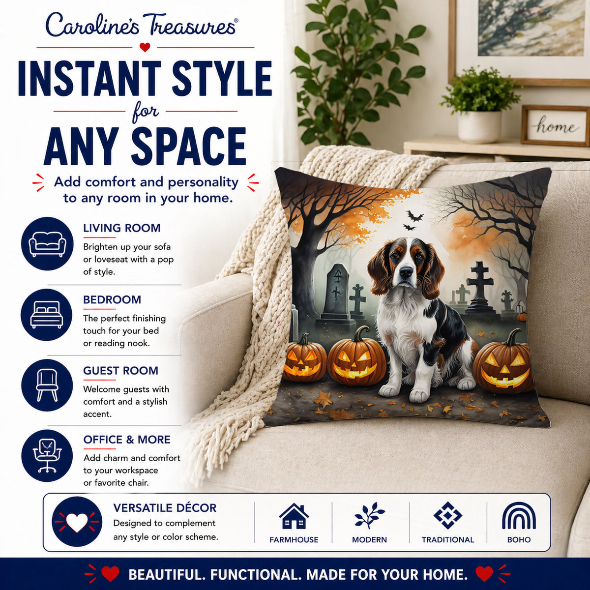 Caroline's Treasures DAC2057PW1818 Welsh Springer Spaniel Spooky Halloween Fabric Decorative Pillow Machine Washable, Indoor Outdoor Decorative Pillow for Couch, Bed or Patio, 18Hx18W