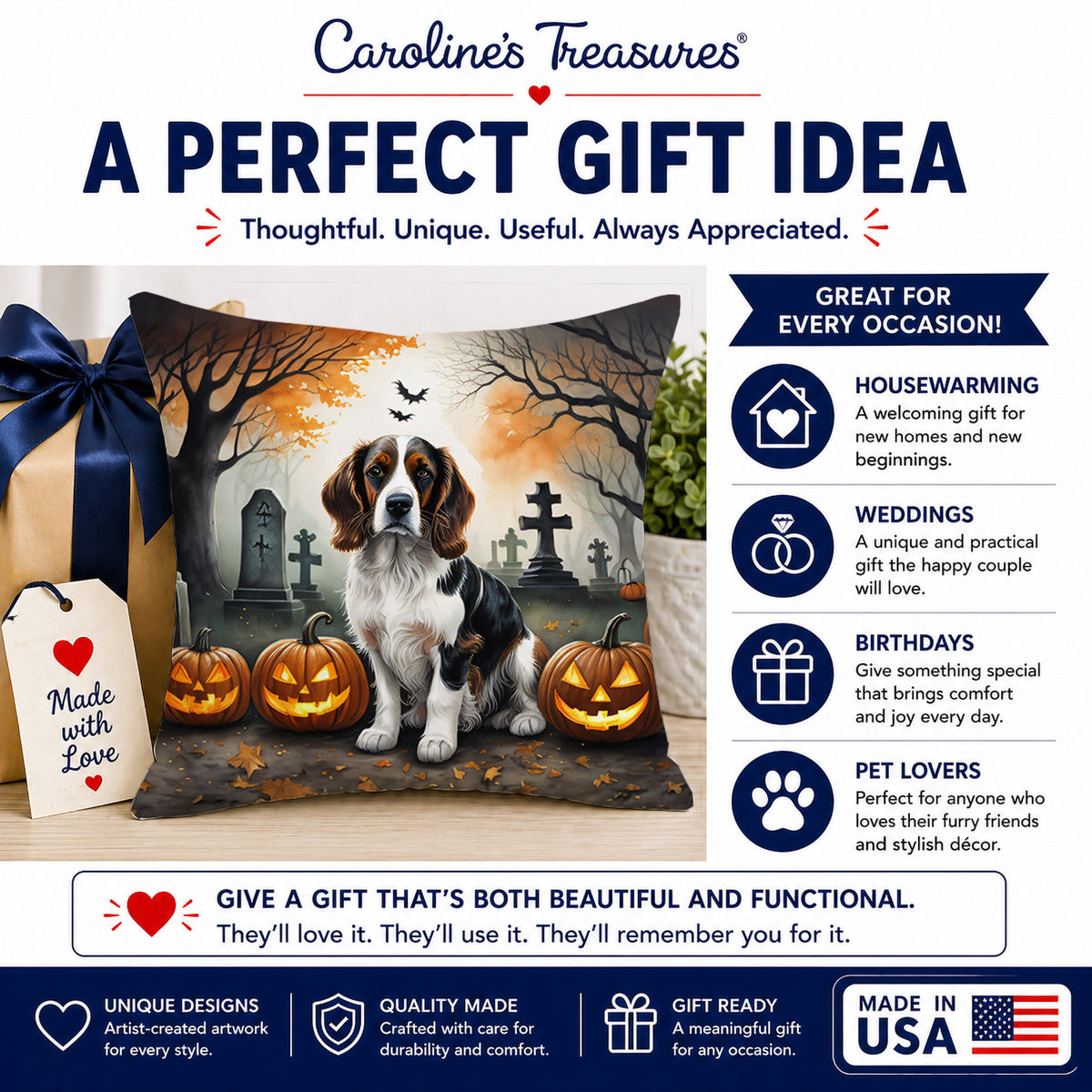 Caroline's Treasures DAC2057PW1818 Welsh Springer Spaniel Spooky Halloween Fabric Decorative Pillow Machine Washable, Indoor Outdoor Decorative Pillow for Couch, Bed or Patio, 18Hx18W