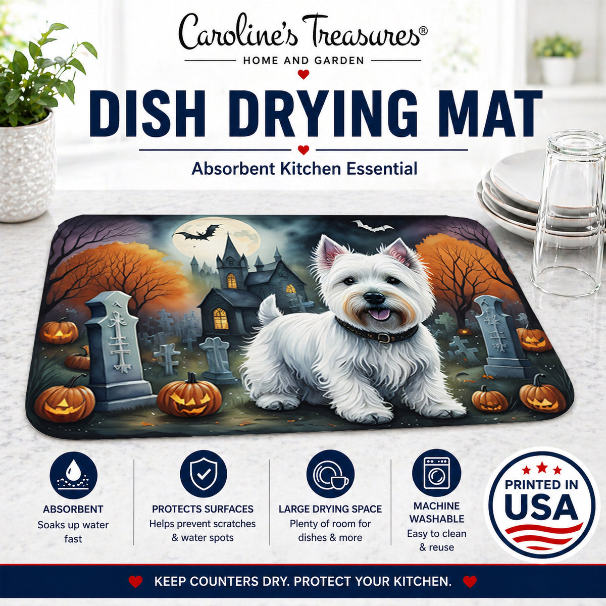 Caroline's Treasures DAC2058DDM Westie Spooky Halloween Dish Drying Mat Absorbent Dish Drying Mat Pad for Kitchen Counter Dish Drainer Mat for Countertop, 14 x 21, Multicolor