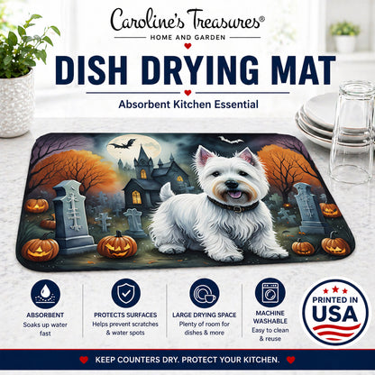 Caroline's Treasures DAC2058DDM Westie Spooky Halloween Dish Drying Mat Absorbent Dish Drying Mat Pad for Kitchen Counter Dish Drainer Mat for Countertop, 14 x 21, Multicolor