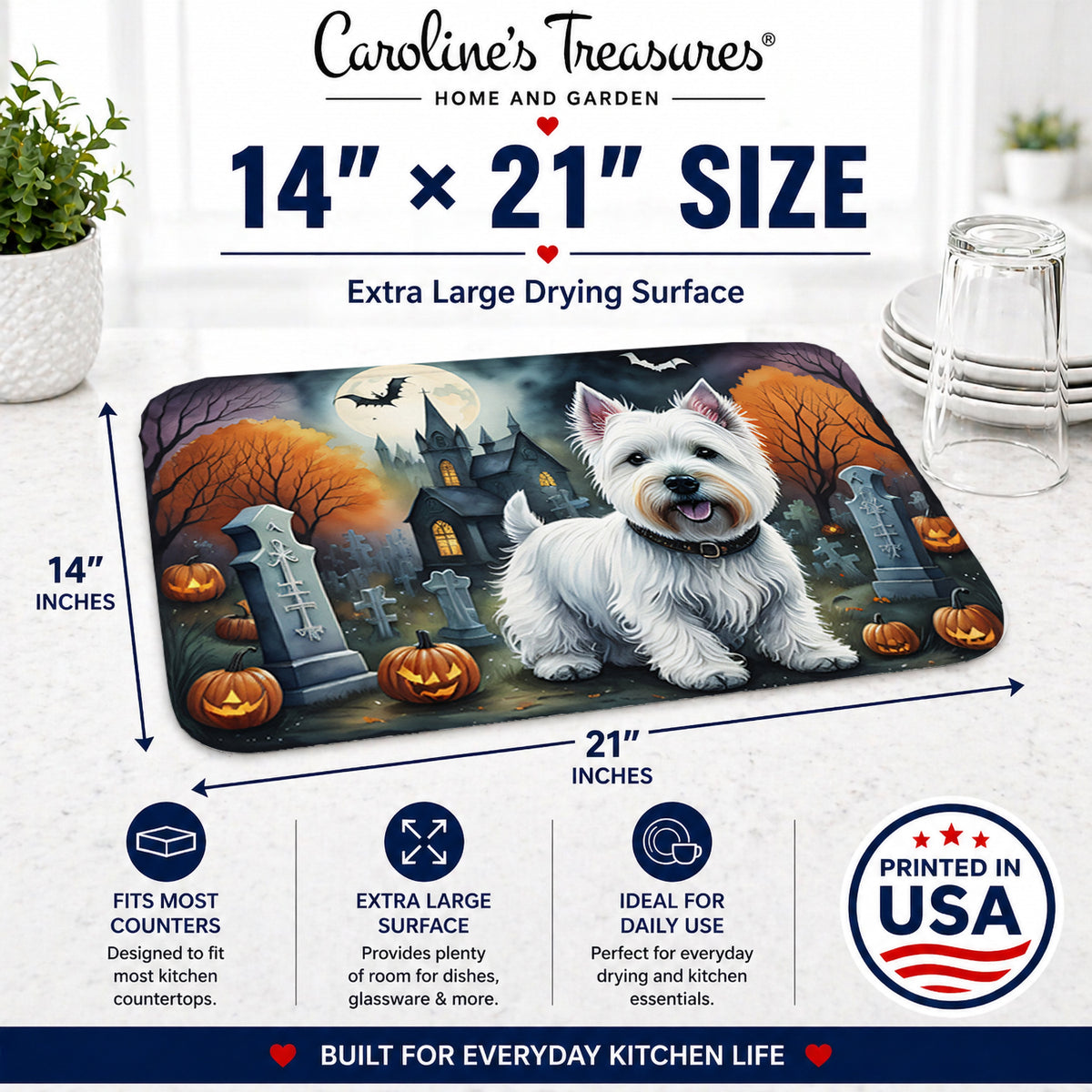 Caroline's Treasures DAC2058DDM Westie Spooky Halloween Dish Drying Mat Absorbent Dish Drying Mat Pad for Kitchen Counter Dish Drainer Mat for Countertop, 14 x 21, Multicolor