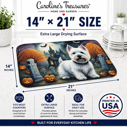 Caroline's Treasures DAC2058DDM Westie Spooky Halloween Dish Drying Mat Absorbent Dish Drying Mat Pad for Kitchen Counter Dish Drainer Mat for Countertop, 14 x 21, Multicolor
