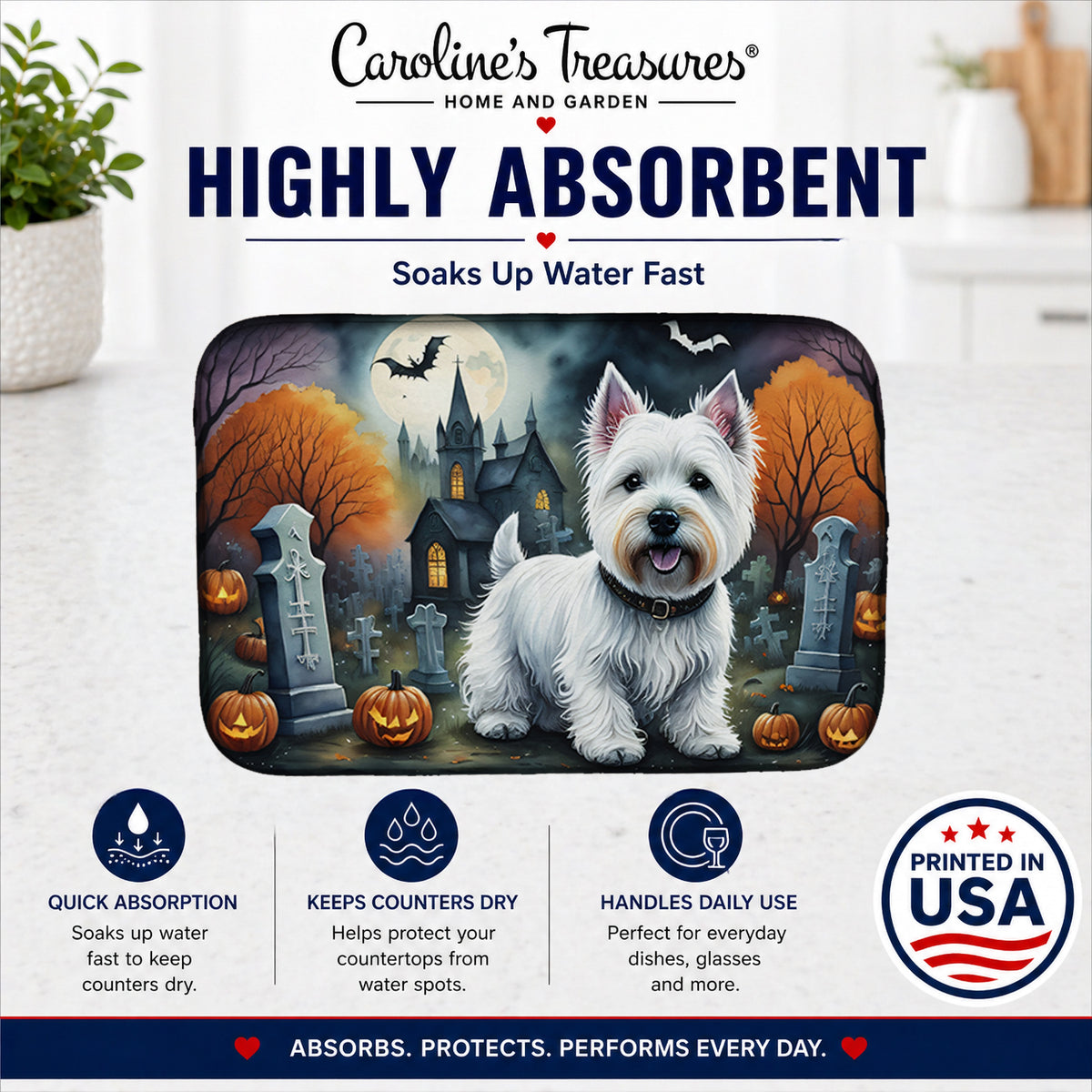 Caroline's Treasures DAC2058DDM Westie Spooky Halloween Dish Drying Mat Absorbent Dish Drying Mat Pad for Kitchen Counter Dish Drainer Mat for Countertop, 14 x 21, Multicolor