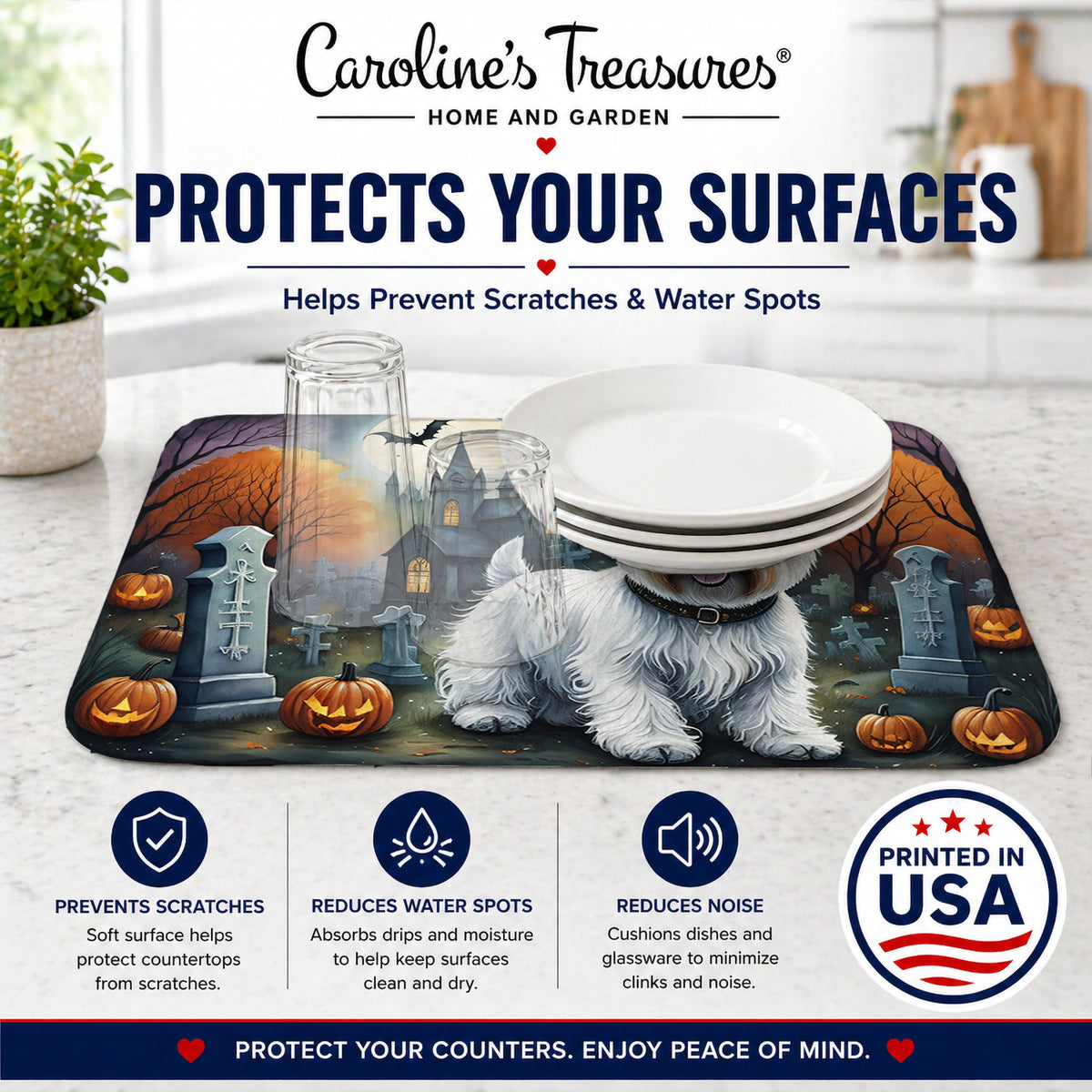 Caroline's Treasures DAC2058DDM Westie Spooky Halloween Dish Drying Mat Absorbent Dish Drying Mat Pad for Kitchen Counter Dish Drainer Mat for Countertop, 14 x 21, Multicolor
