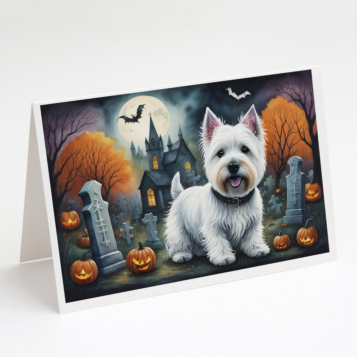 Caroline's Treasures DAC2058GCA7P Westie Spooky Halloween Greeting Cards and Envelopes Pack of 8 Blank Cards with Envelopes Whimsical A7 Size 5x7 Blank Greeting Cards