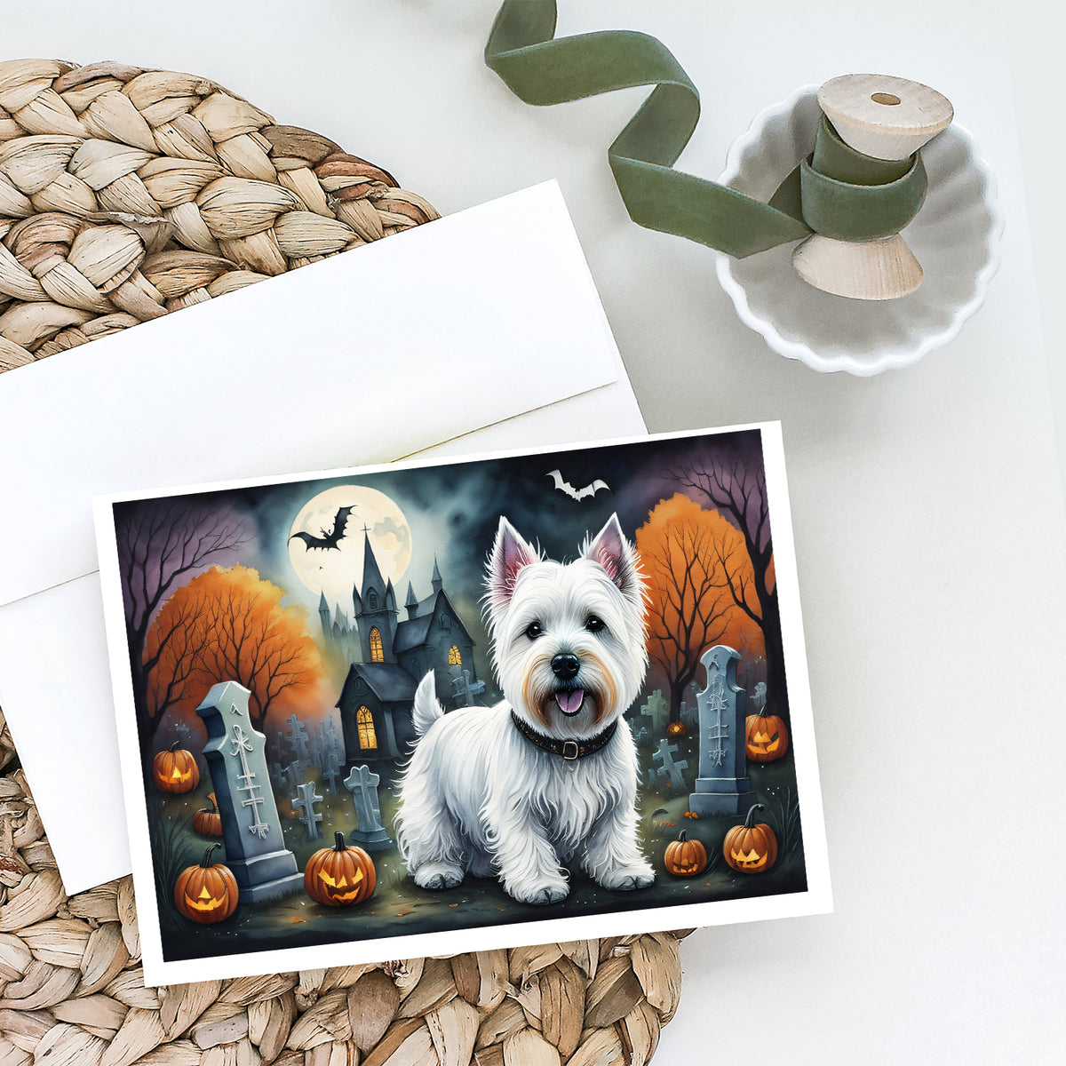 Caroline's Treasures DAC2058GCA7P Westie Spooky Halloween Greeting Cards and Envelopes Pack of 8 Blank Cards with Envelopes Whimsical A7 Size 5x7 Blank Greeting Cards
