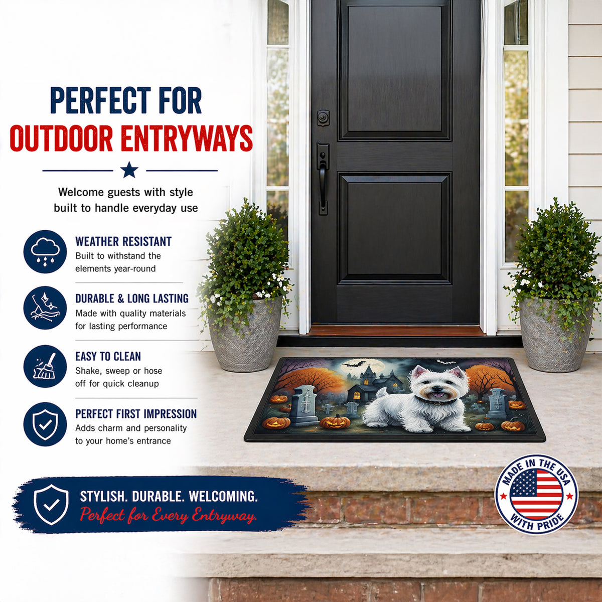 Caroline's Treasures DAC2058JMAT Westie Spooky Halloween Indoor or Outdoor Mat 24x36 Front Door Mat Indoor Outdoor Rugs for Entryway, Non Slip Washable Low Pile, 24H X 36W