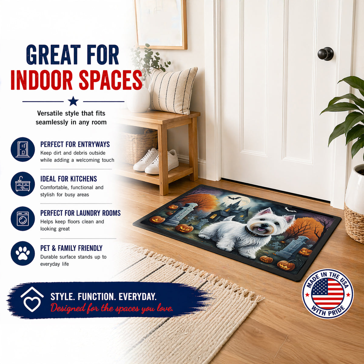 Caroline's Treasures DAC2058JMAT Westie Spooky Halloween Indoor or Outdoor Mat 24x36 Front Door Mat Indoor Outdoor Rugs for Entryway, Non Slip Washable Low Pile, 24H X 36W