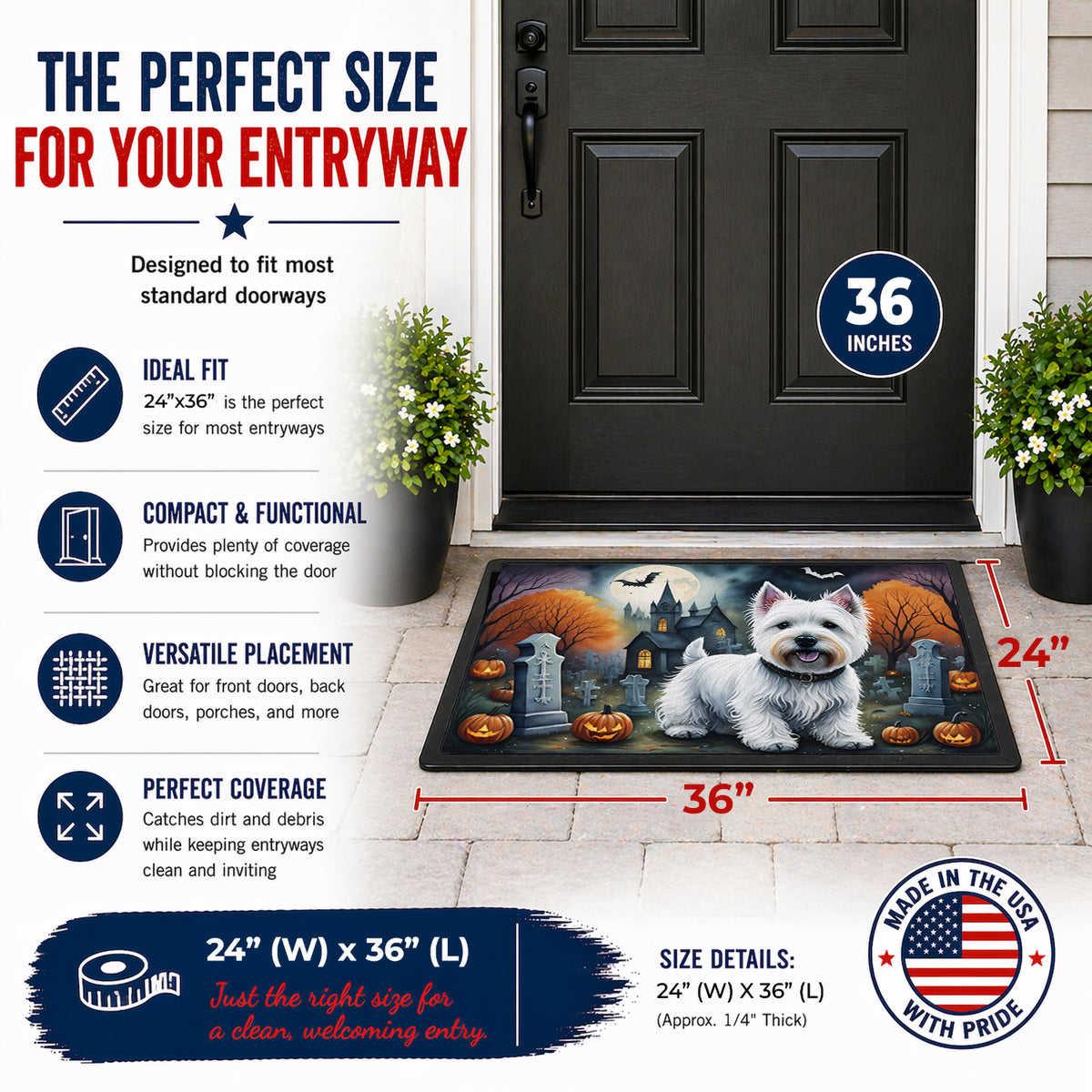 Caroline's Treasures DAC2058JMAT Westie Spooky Halloween Indoor or Outdoor Mat 24x36 Front Door Mat Indoor Outdoor Rugs for Entryway, Non Slip Washable Low Pile, 24H X 36W