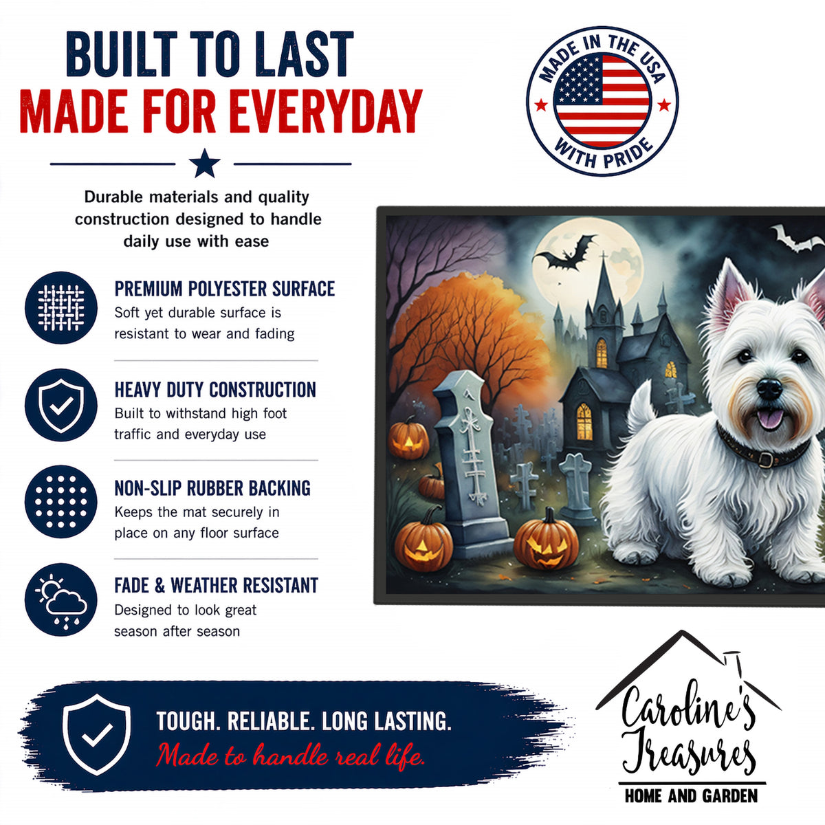 Caroline's Treasures DAC2058JMAT Westie Spooky Halloween Indoor or Outdoor Mat 24x36 Front Door Mat Indoor Outdoor Rugs for Entryway, Non Slip Washable Low Pile, 24H X 36W