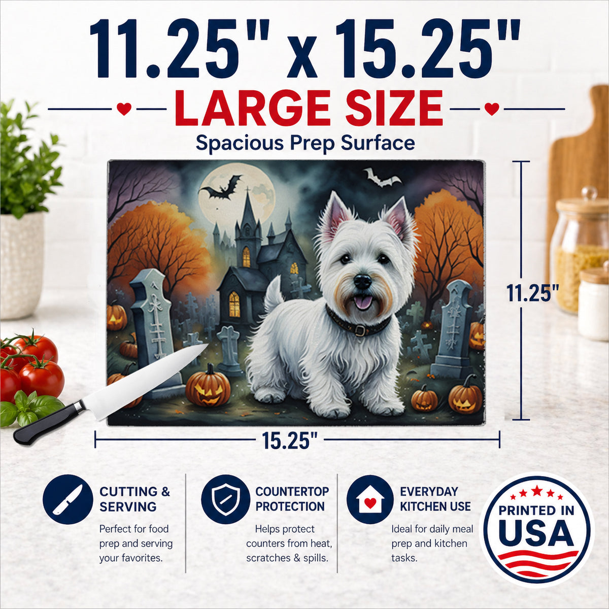 Caroline's Treasures DAC2058LCB Westie Spooky Halloween Glass Cutting Board Large Decorative Tempered Glass Kitchen Cutting and Serving Board Large Size Chopping Board