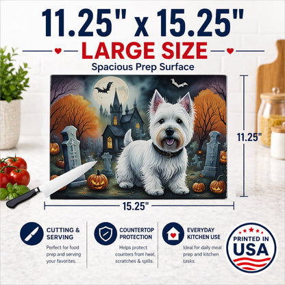 Caroline's Treasures DAC2058LCB Westie Spooky Halloween Glass Cutting Board Large Decorative Tempered Glass Kitchen Cutting and Serving Board Large Size Chopping Board