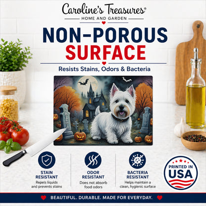 Caroline's Treasures DAC2058LCB Westie Spooky Halloween Glass Cutting Board Large Decorative Tempered Glass Kitchen Cutting and Serving Board Large Size Chopping Board
