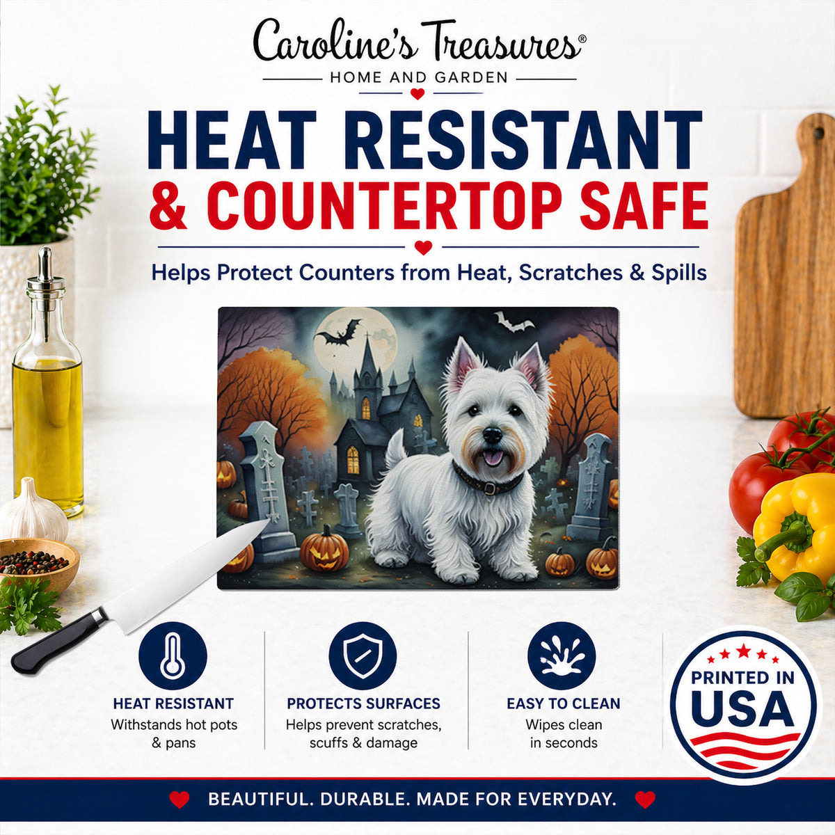 Caroline's Treasures DAC2058LCB Westie Spooky Halloween Glass Cutting Board Large Decorative Tempered Glass Kitchen Cutting and Serving Board Large Size Chopping Board
