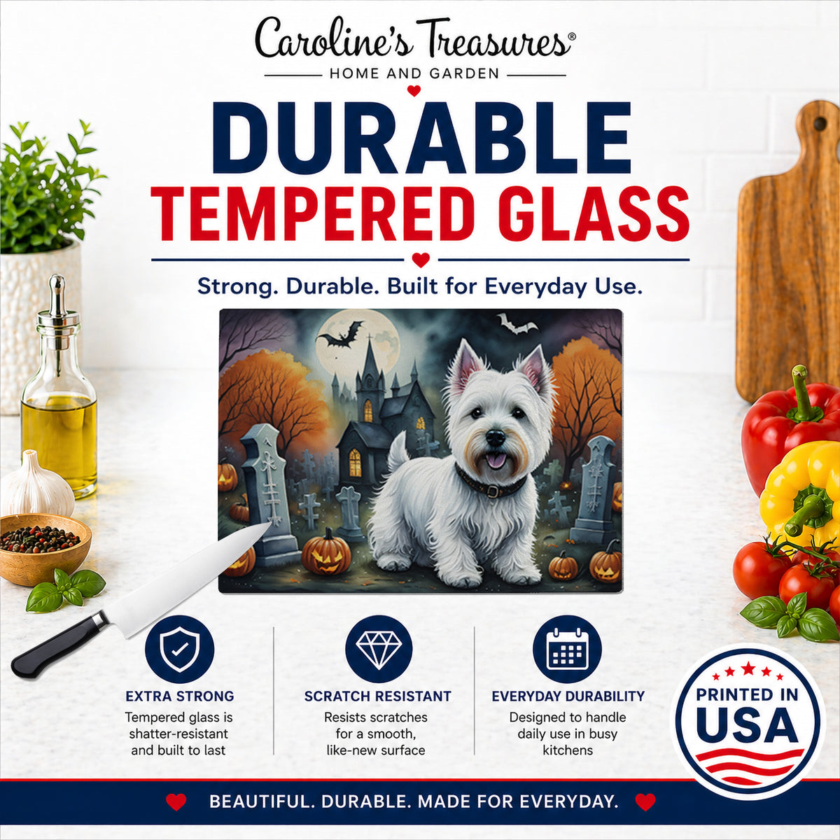 Caroline's Treasures DAC2058LCB Westie Spooky Halloween Glass Cutting Board Large Decorative Tempered Glass Kitchen Cutting and Serving Board Large Size Chopping Board