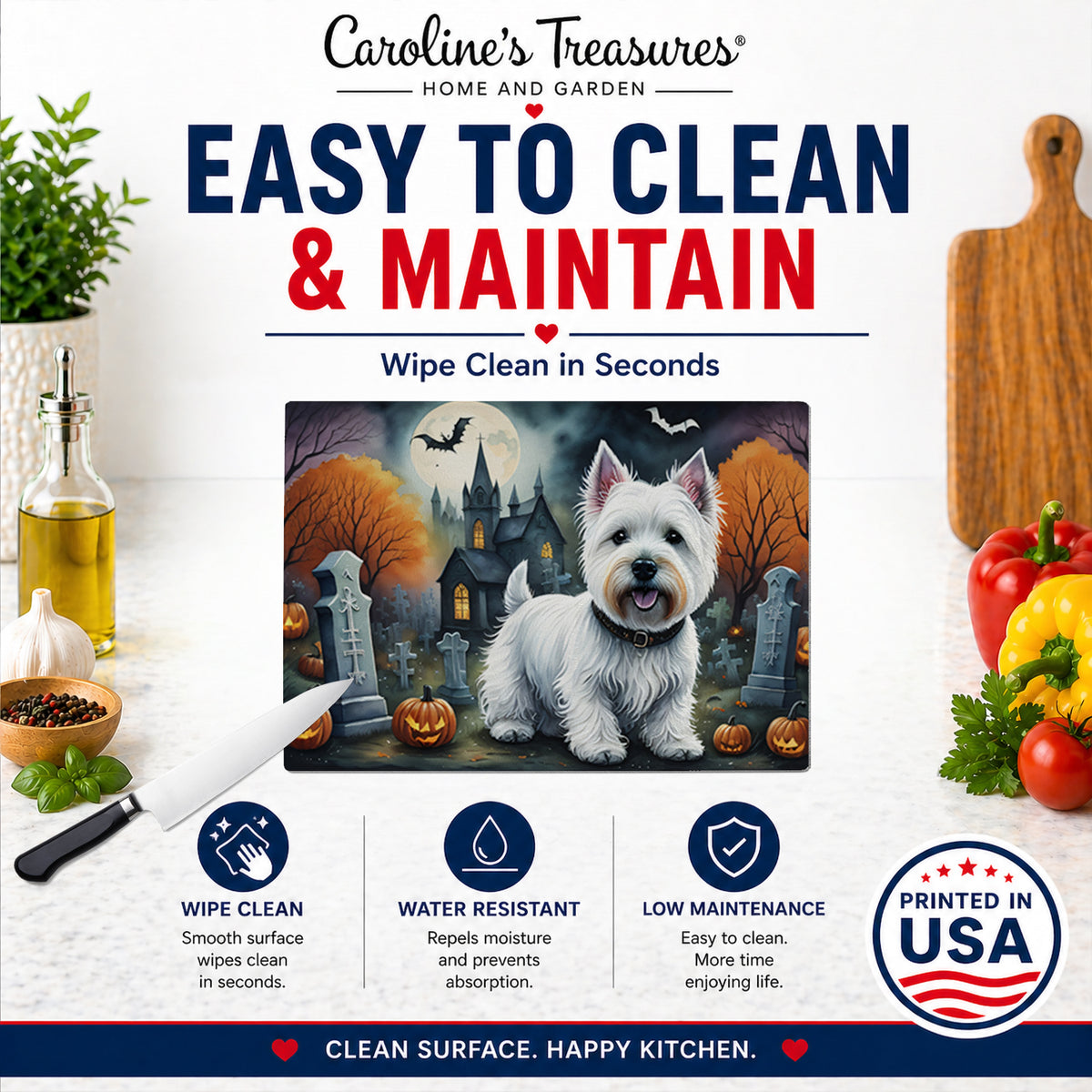 Caroline's Treasures DAC2058LCB Westie Spooky Halloween Glass Cutting Board Large Decorative Tempered Glass Kitchen Cutting and Serving Board Large Size Chopping Board