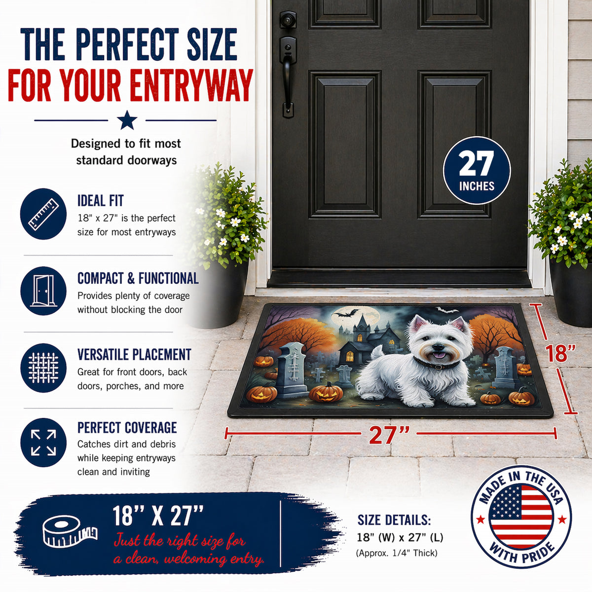 Caroline's Treasures DAC2058MAT Westie Spooky Halloween Doormat 18x27 Front Door Mat Indoor Outdoor Rugs for Entryway, Non Slip Washable Low Pile, 18H X 27W