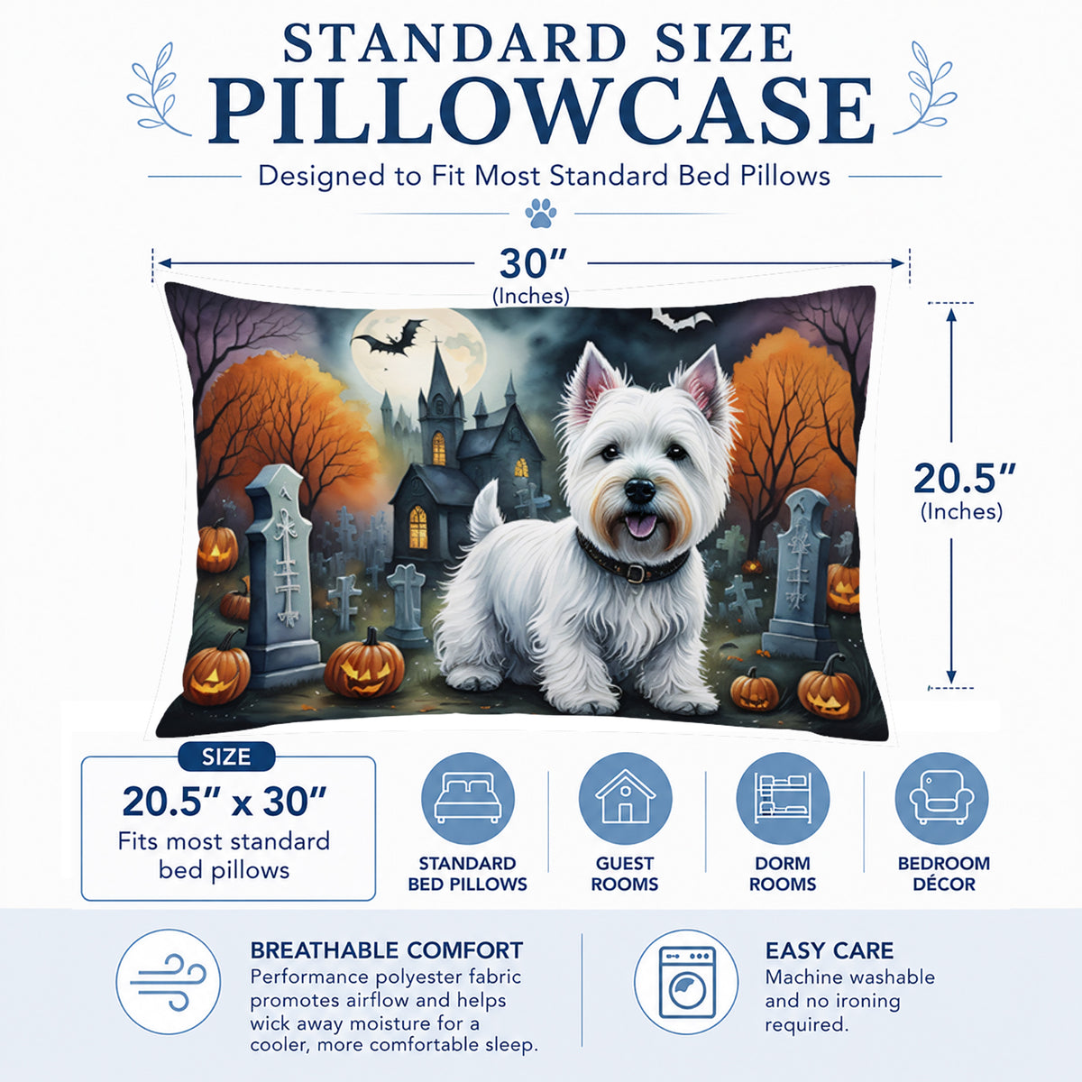 Caroline's Treasures DAC2058PILLOWCASE Westie Spooky Halloween Fabric Standard Pillowcase Lightweight Super Soft Easy Care Decorative Artwork Pillowcase, Standard