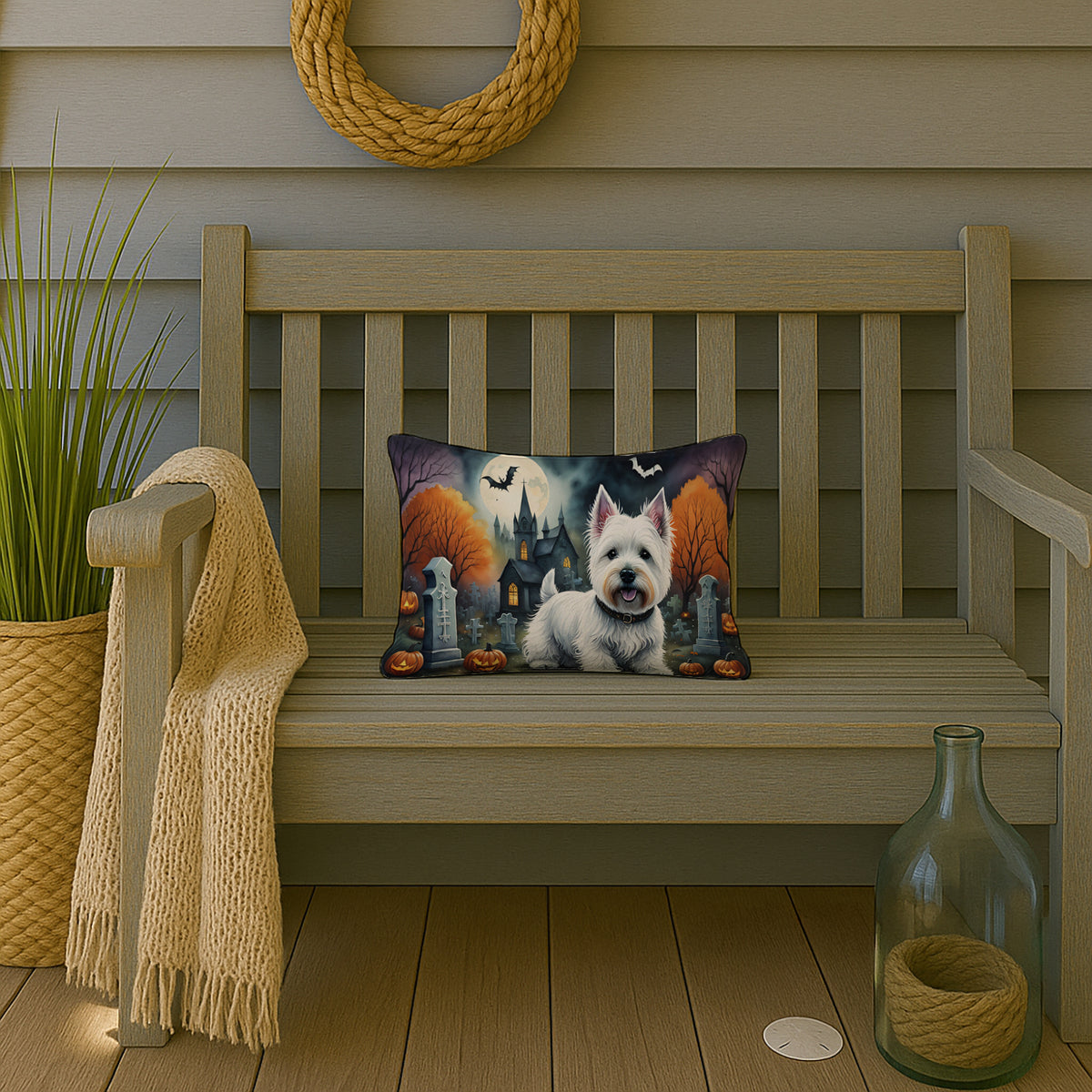 Caroline's Treasures DAC2058PW1216 Westie Spooky Halloween Fabric Decorative Pillow Machine Washable, Indoor Outdoor Decorative Pillow for Couch, Bed or Patio, 12HX16W