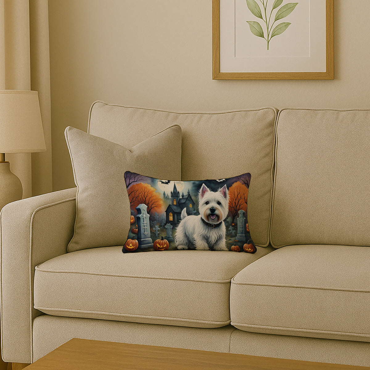 Caroline's Treasures DAC2058PW1216 Westie Spooky Halloween Fabric Decorative Pillow Machine Washable, Indoor Outdoor Decorative Pillow for Couch, Bed or Patio, 12HX16W