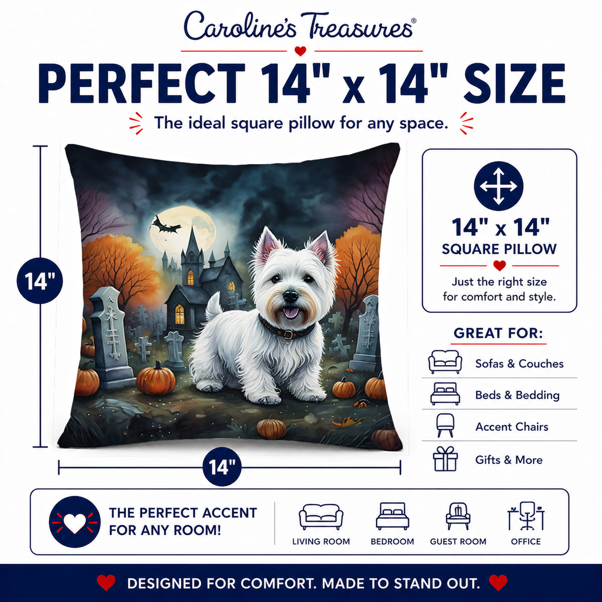 Caroline's Treasures DAC2058PW1414 Westie Spooky Halloween Fabric Decorative Pillow Machine Washable, Indoor Outdoor Decorative Pillow for Couch, Bed or Patio, 14Hx14W