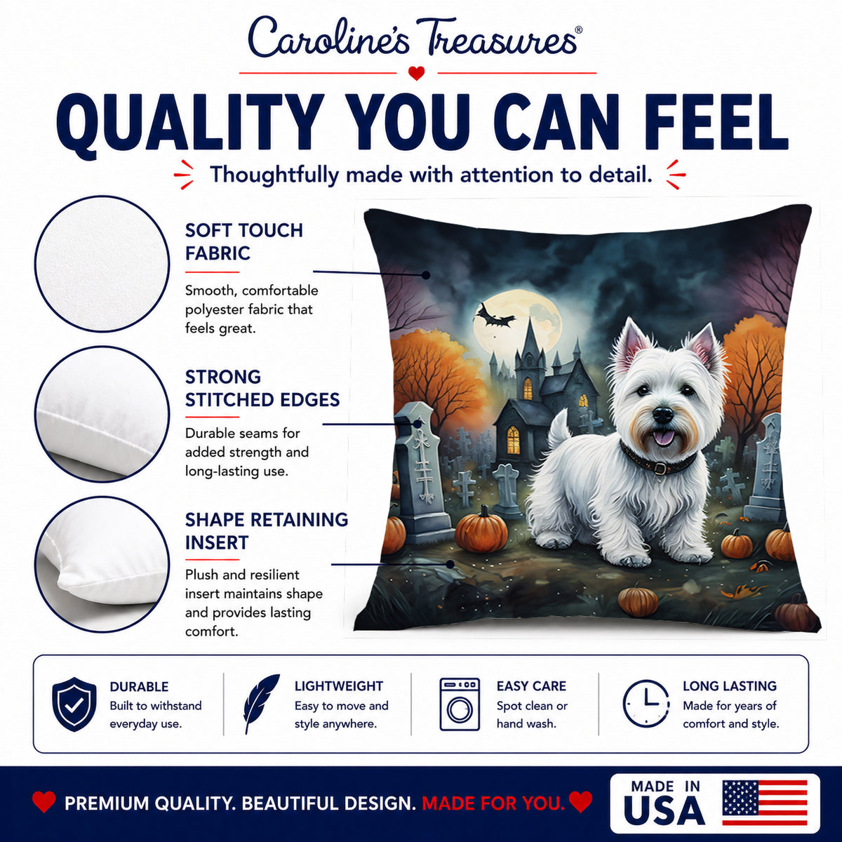 Caroline's Treasures DAC2058PW1414 Westie Spooky Halloween Fabric Decorative Pillow Machine Washable, Indoor Outdoor Decorative Pillow for Couch, Bed or Patio, 14Hx14W