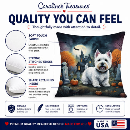 Caroline's Treasures DAC2058PW1414 Westie Spooky Halloween Fabric Decorative Pillow Machine Washable, Indoor Outdoor Decorative Pillow for Couch, Bed or Patio, 14Hx14W