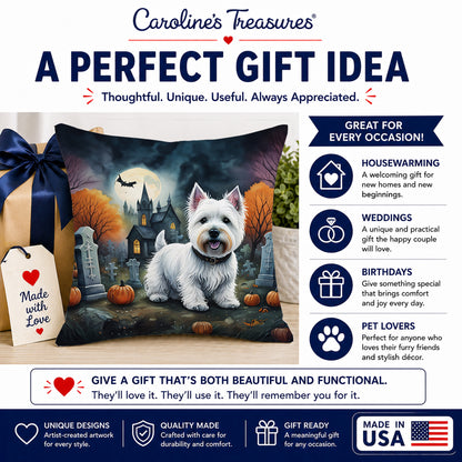 Caroline's Treasures DAC2058PW1414 Westie Spooky Halloween Fabric Decorative Pillow Machine Washable, Indoor Outdoor Decorative Pillow for Couch, Bed or Patio, 14Hx14W