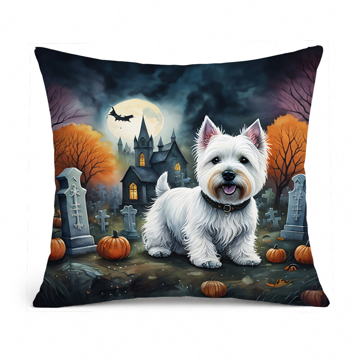 Caroline's Treasures DAC2058PW1818 Westie Spooky Halloween Fabric Decorative Pillow Machine Washable, Indoor Outdoor Decorative Pillow for Couch, Bed or Patio, 18Hx18W