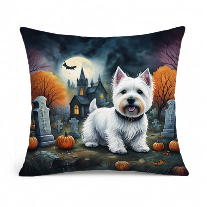 Caroline's Treasures DAC2058PW1818 Westie Spooky Halloween Fabric Decorative Pillow Machine Washable, Indoor Outdoor Decorative Pillow for Couch, Bed or Patio, 18Hx18W