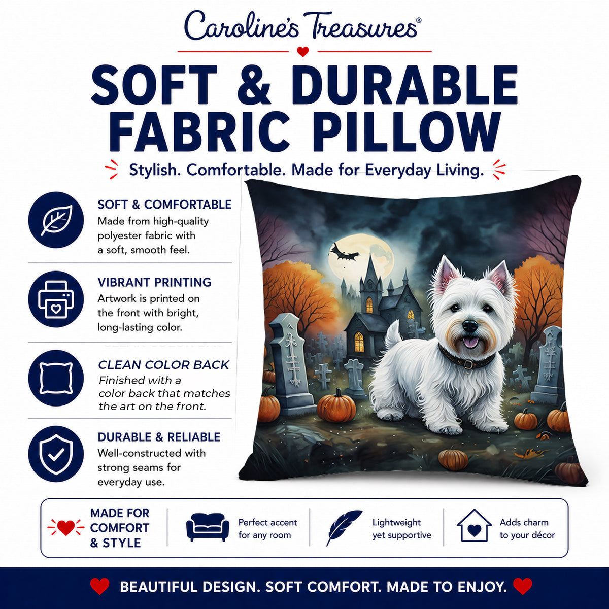 Caroline's Treasures DAC2058PW1818 Westie Spooky Halloween Fabric Decorative Pillow Machine Washable, Indoor Outdoor Decorative Pillow for Couch, Bed or Patio, 18Hx18W