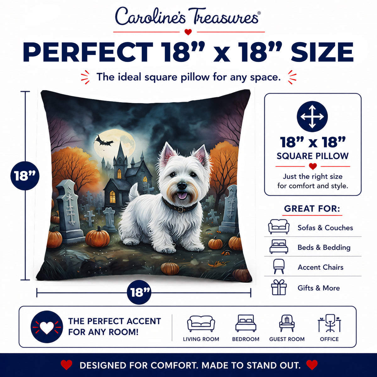 Caroline's Treasures DAC2058PW1818 Westie Spooky Halloween Fabric Decorative Pillow Machine Washable, Indoor Outdoor Decorative Pillow for Couch, Bed or Patio, 18Hx18W