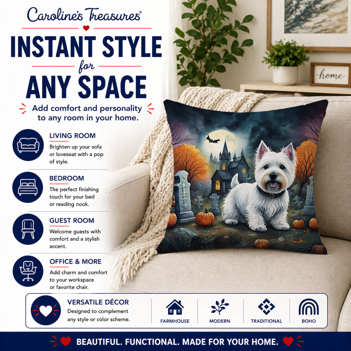 Caroline's Treasures DAC2058PW1818 Westie Spooky Halloween Fabric Decorative Pillow Machine Washable, Indoor Outdoor Decorative Pillow for Couch, Bed or Patio, 18Hx18W