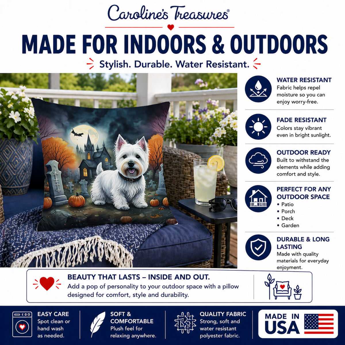 Caroline's Treasures DAC2058PW1818 Westie Spooky Halloween Fabric Decorative Pillow Machine Washable, Indoor Outdoor Decorative Pillow for Couch, Bed or Patio, 18Hx18W