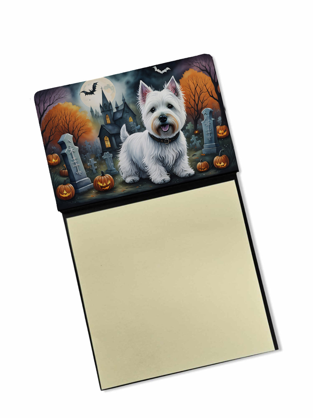 Caroline's Treasures Westie Spooky Halloween Sticky Note Holder Refillable Dispenser Self-Sticky Note Pads, Memo Pads Blank Desk Accessories