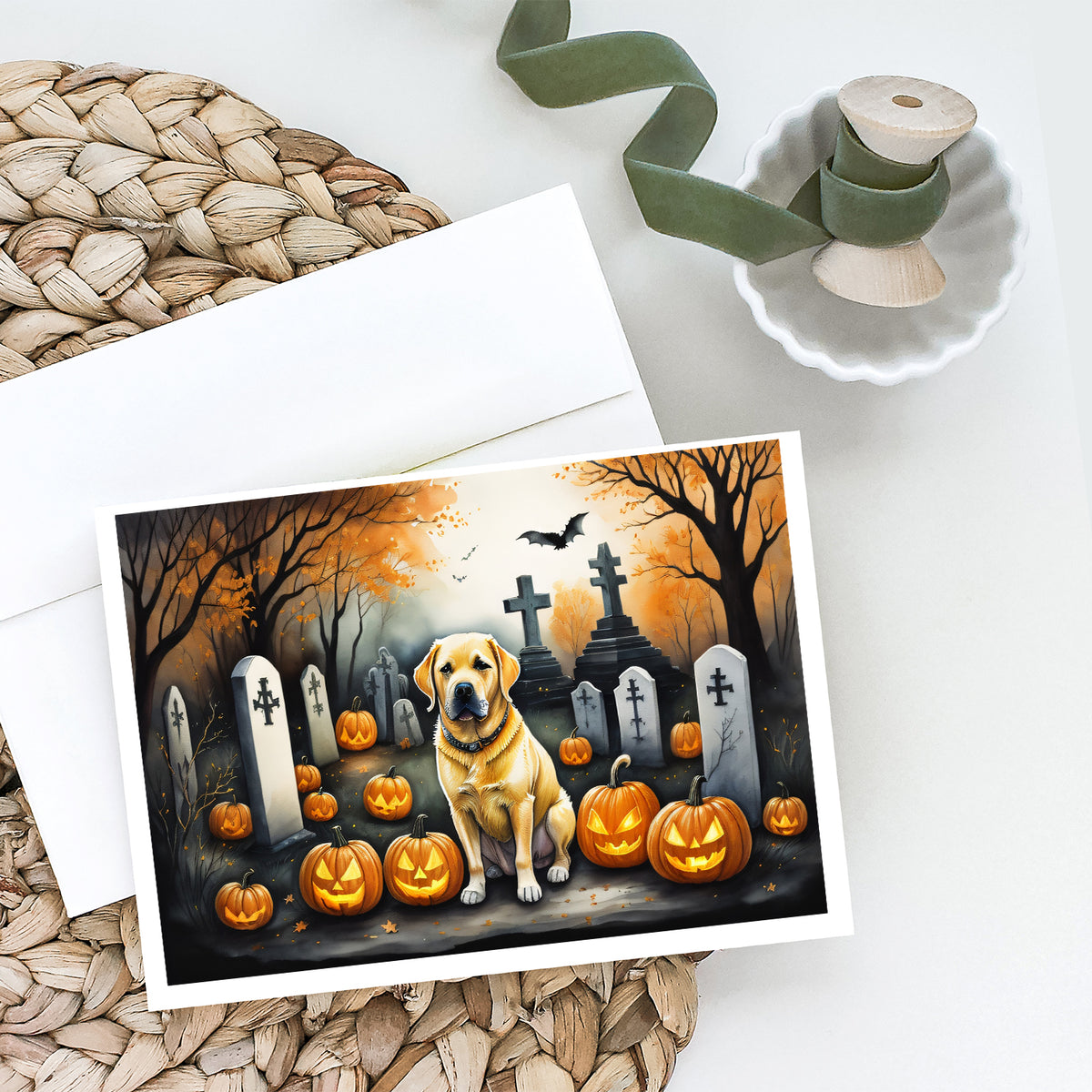 Caroline's Treasures DAC2059GCA7P Yellow Labrador Retriever Spooky Halloween Greeting Cards and Envelopes Pack of 8 Blank Cards with Envelopes Whimsical A7 Size 5x7 Blank Greeting Cards