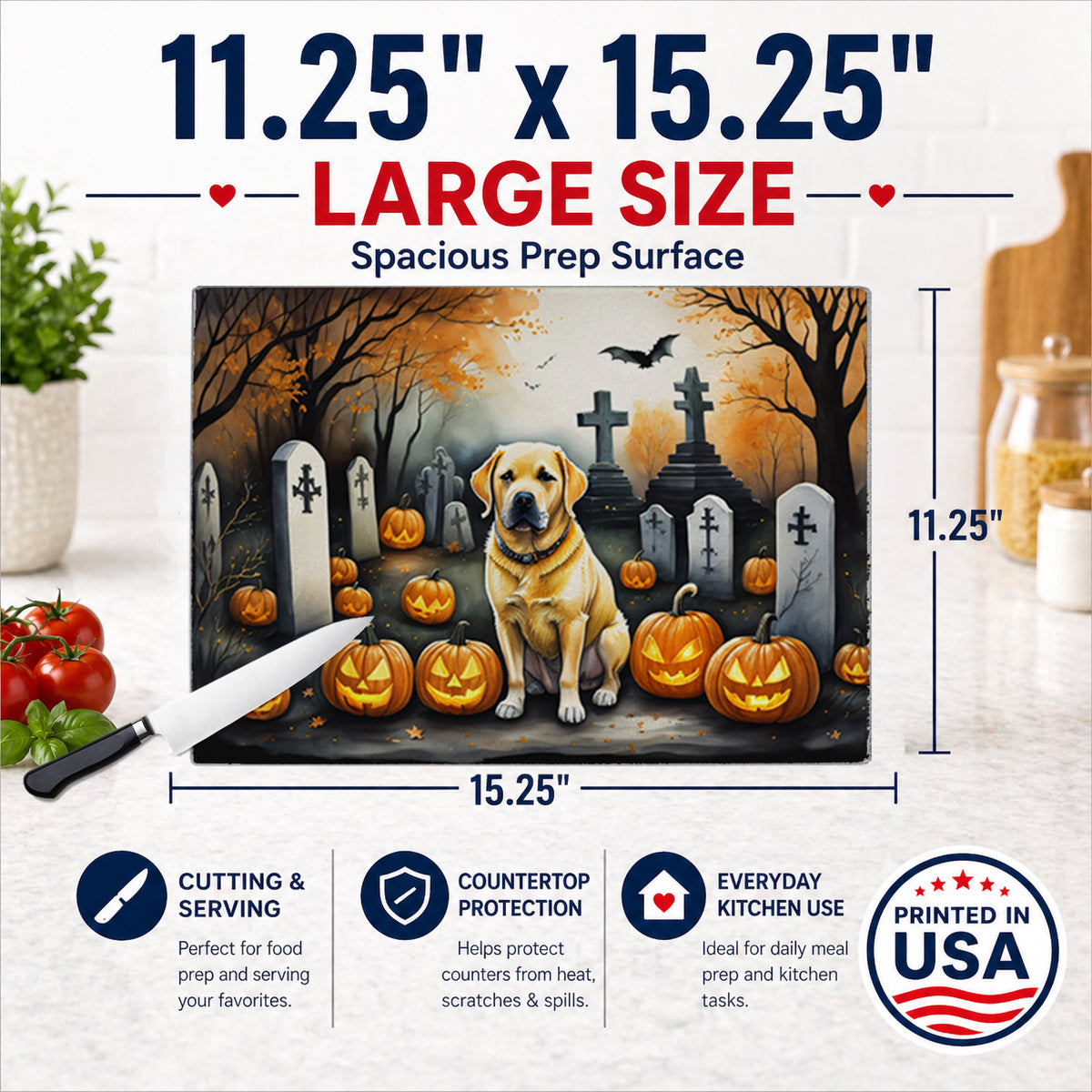 Caroline's Treasures DAC2059LCB Yellow Labrador Retriever Spooky Halloween Glass Cutting Board Large Decorative Tempered Glass Kitchen Cutting and Serving Board Large Size Chopping Board