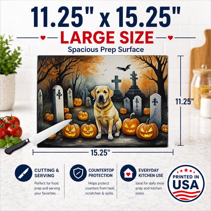 Caroline's Treasures DAC2059LCB Yellow Labrador Retriever Spooky Halloween Glass Cutting Board Large Decorative Tempered Glass Kitchen Cutting and Serving Board Large Size Chopping Board