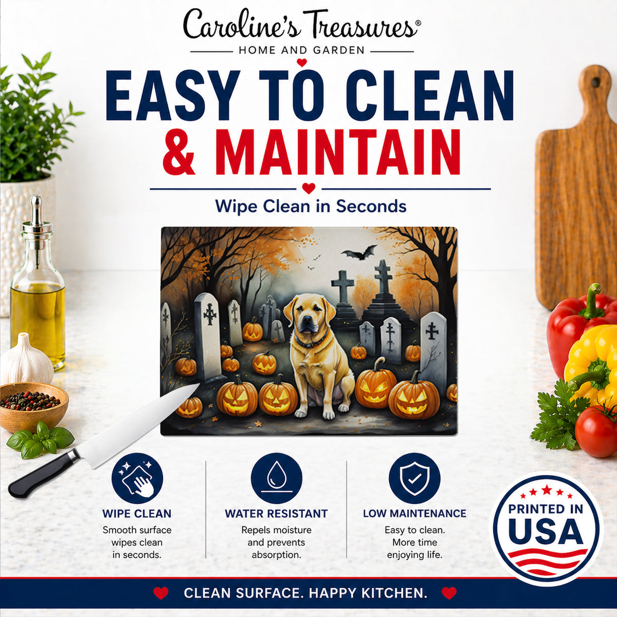 Caroline's Treasures DAC2059LCB Yellow Labrador Retriever Spooky Halloween Glass Cutting Board Large Decorative Tempered Glass Kitchen Cutting and Serving Board Large Size Chopping Board