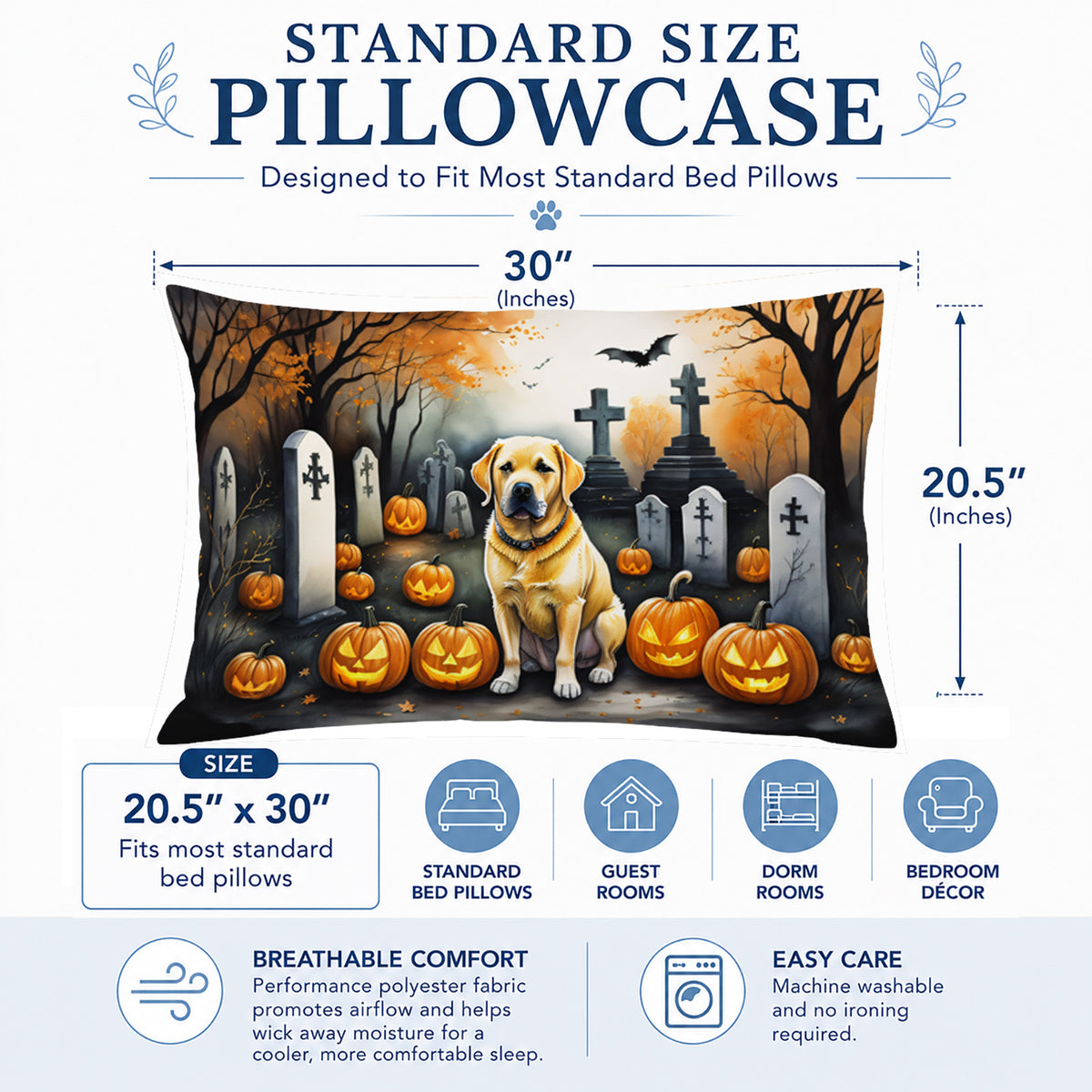 Caroline's Treasures DAC2059PILLOWCASE Yellow Labrador Retriever Spooky Halloween Fabric Standard Pillowcase Lightweight Super Soft Easy Care Decorative Artwork Pillowcase, Standard