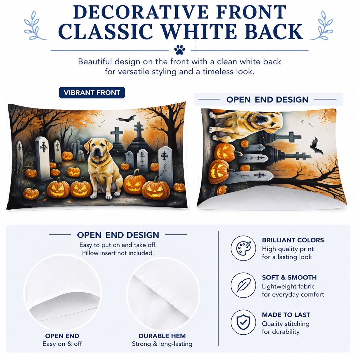 Caroline's Treasures DAC2059PILLOWCASE Yellow Labrador Retriever Spooky Halloween Fabric Standard Pillowcase Lightweight Super Soft Easy Care Decorative Artwork Pillowcase, Standard