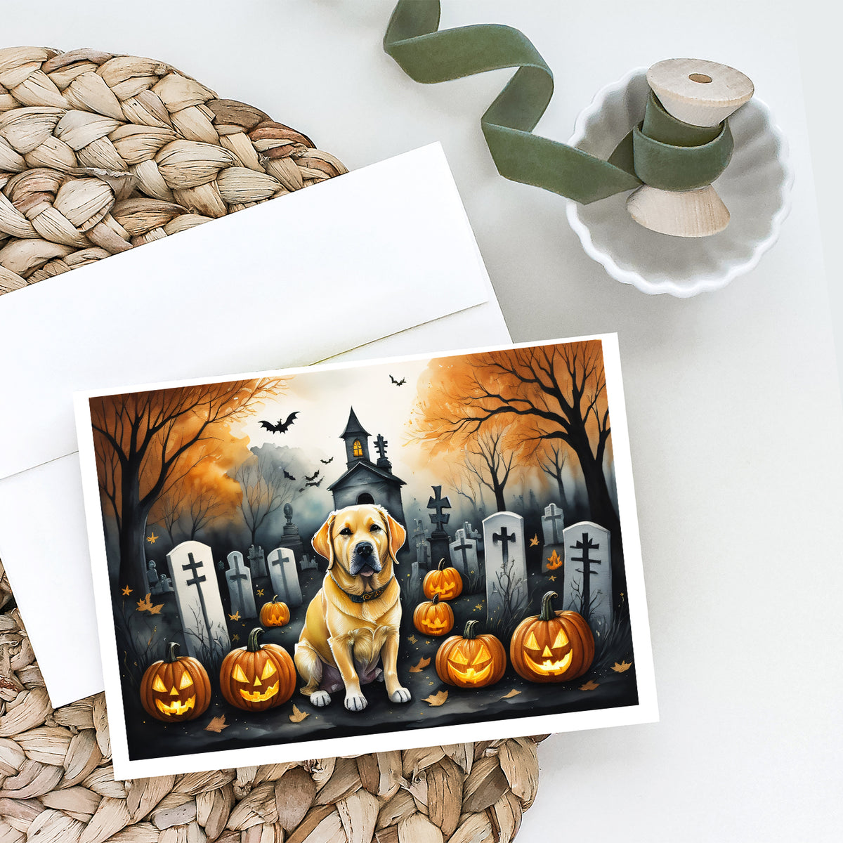 Caroline's Treasures DAC2060GCA7P Yellow Labrador Retriever Spooky Halloween Greeting Cards and Envelopes Pack of 8 Blank Cards with Envelopes Whimsical A7 Size 5x7 Blank Greeting Cards
