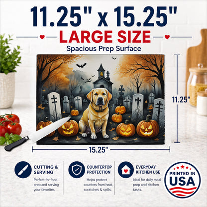 Caroline's Treasures DAC2060LCB Yellow Labrador Retriever Spooky Halloween Glass Cutting Board Large Decorative Tempered Glass Kitchen Cutting and Serving Board Large Size Chopping Board