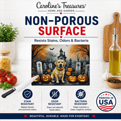 Caroline's Treasures DAC2060LCB Yellow Labrador Retriever Spooky Halloween Glass Cutting Board Large Decorative Tempered Glass Kitchen Cutting and Serving Board Large Size Chopping Board