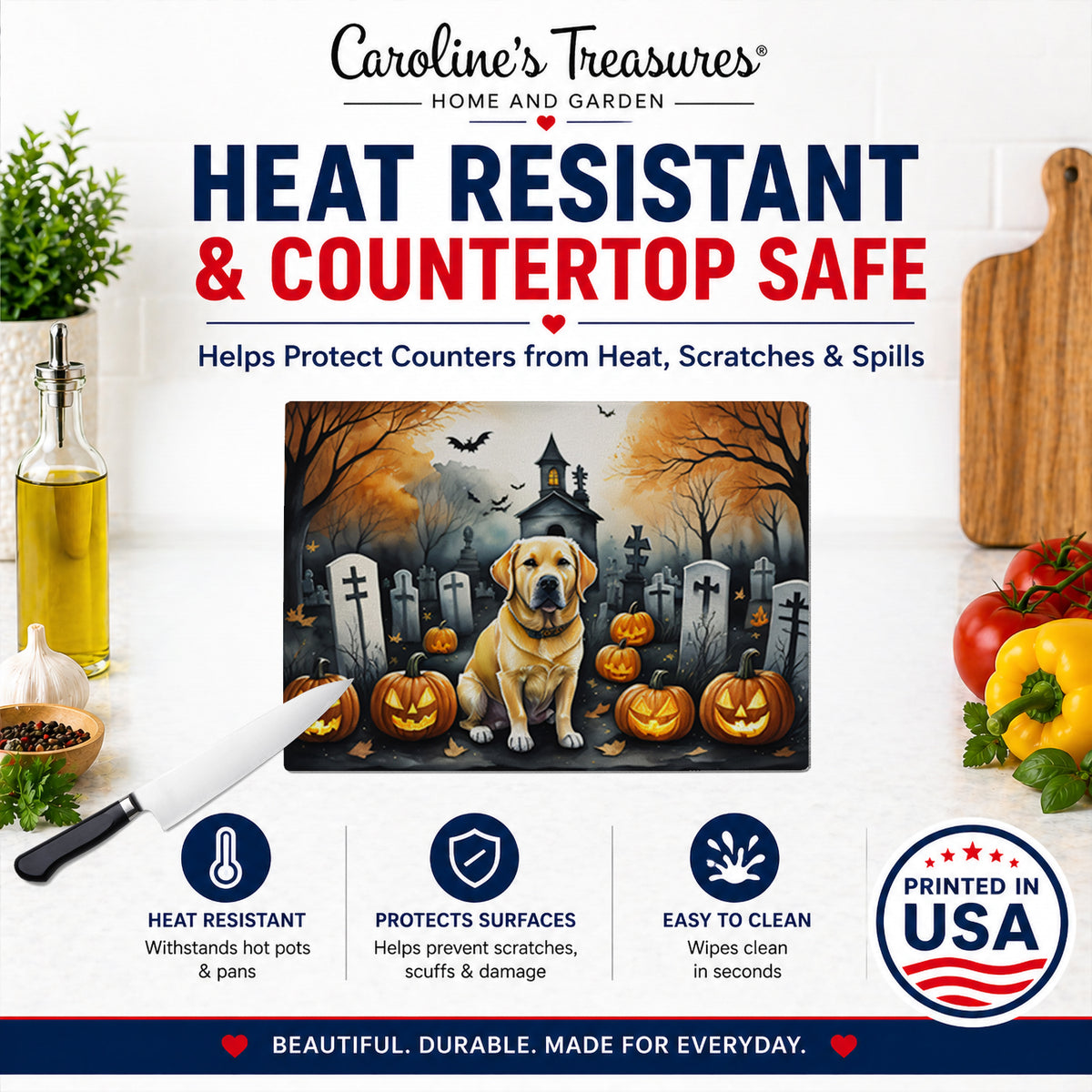 Caroline's Treasures DAC2060LCB Yellow Labrador Retriever Spooky Halloween Glass Cutting Board Large Decorative Tempered Glass Kitchen Cutting and Serving Board Large Size Chopping Board