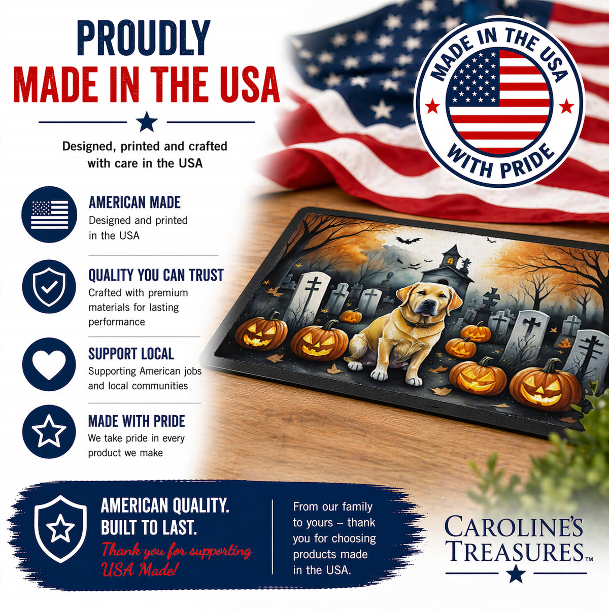 Caroline's Treasures DAC2060MAT Yellow Labrador Retriever Spooky Halloween Doormat 18x27 Front Door Mat Indoor Outdoor Rugs for Entryway, Non Slip Washable Low Pile, 18H X 27W