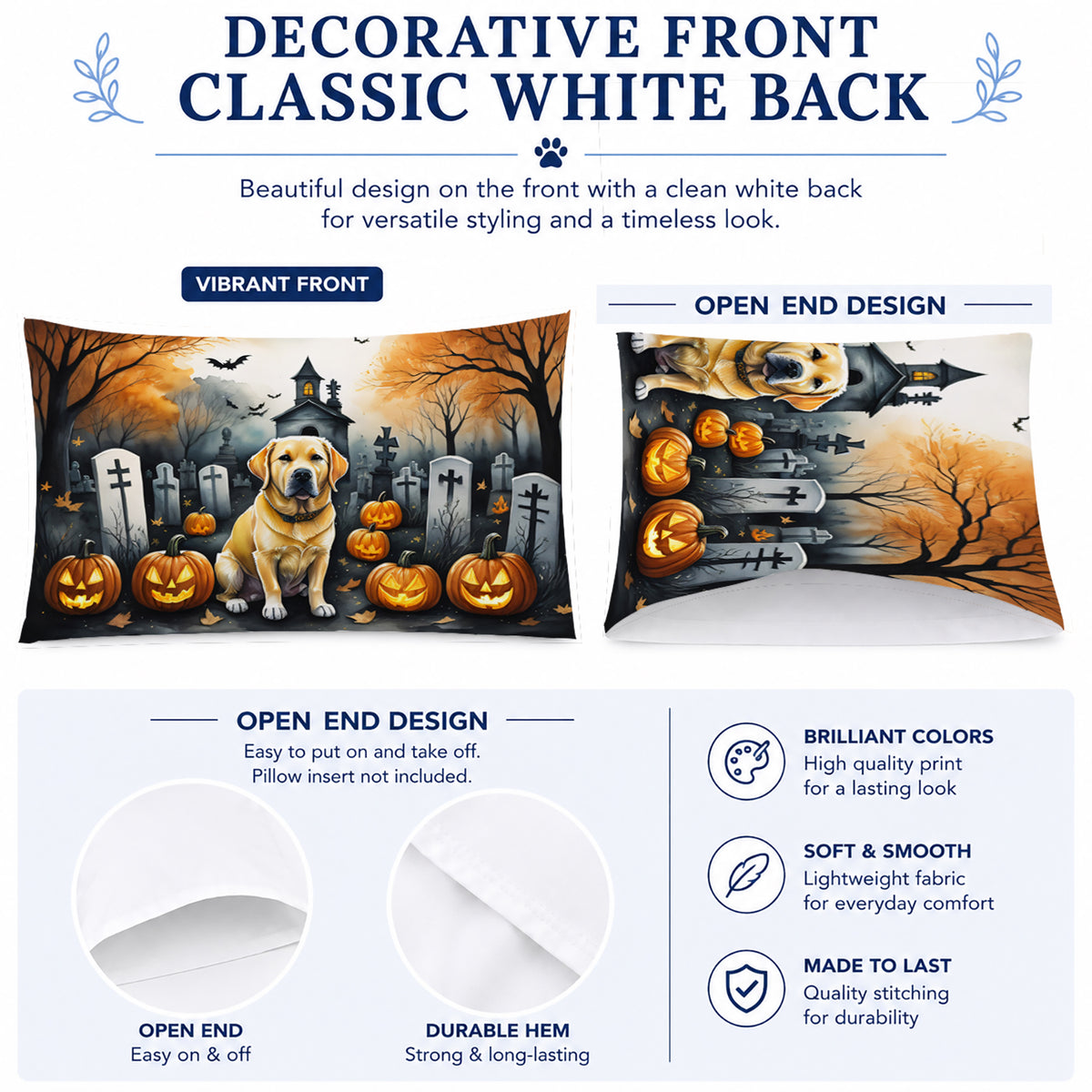 Caroline's Treasures DAC2060PILLOWCASE Yellow Labrador Retriever Spooky Halloween Fabric Standard Pillowcase Lightweight Super Soft Easy Care Decorative Artwork Pillowcase, Standard